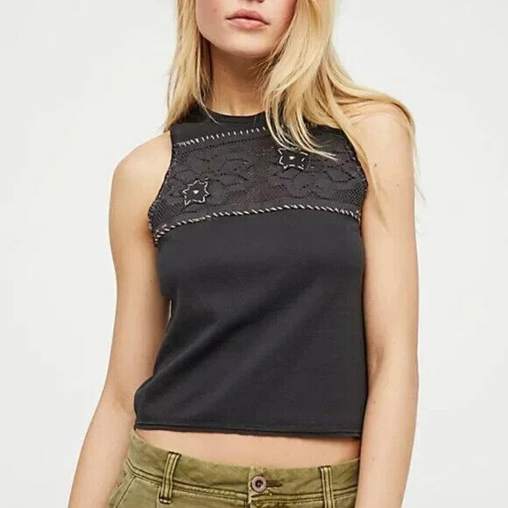 We The Free x Free People | Dark Gray Crochet Lace Embroidered Accent Tank Top